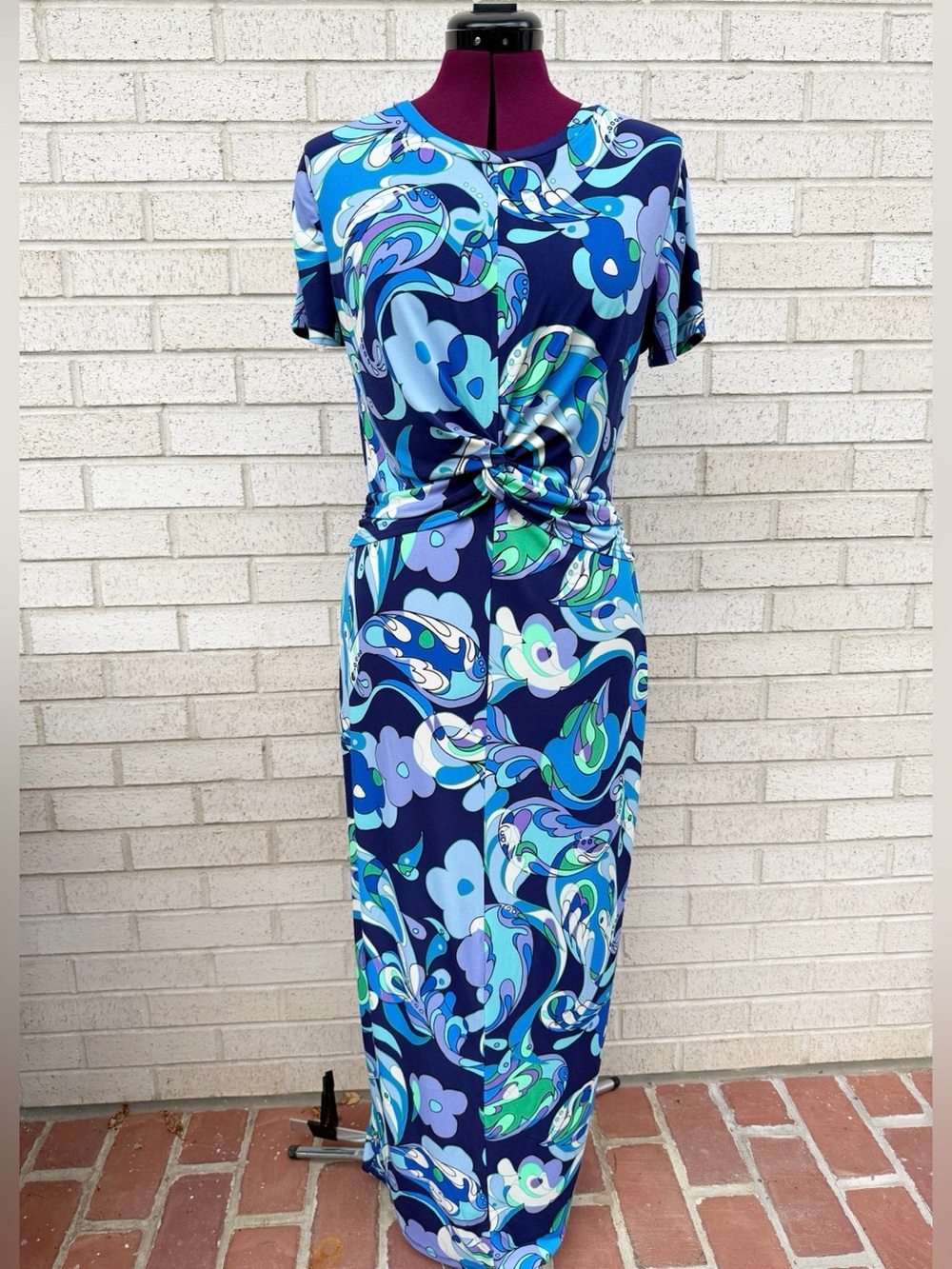 Donna Morgan Maxi Dress Navy Aqua Green Groovy Floral Retro 60s 70s Size 10